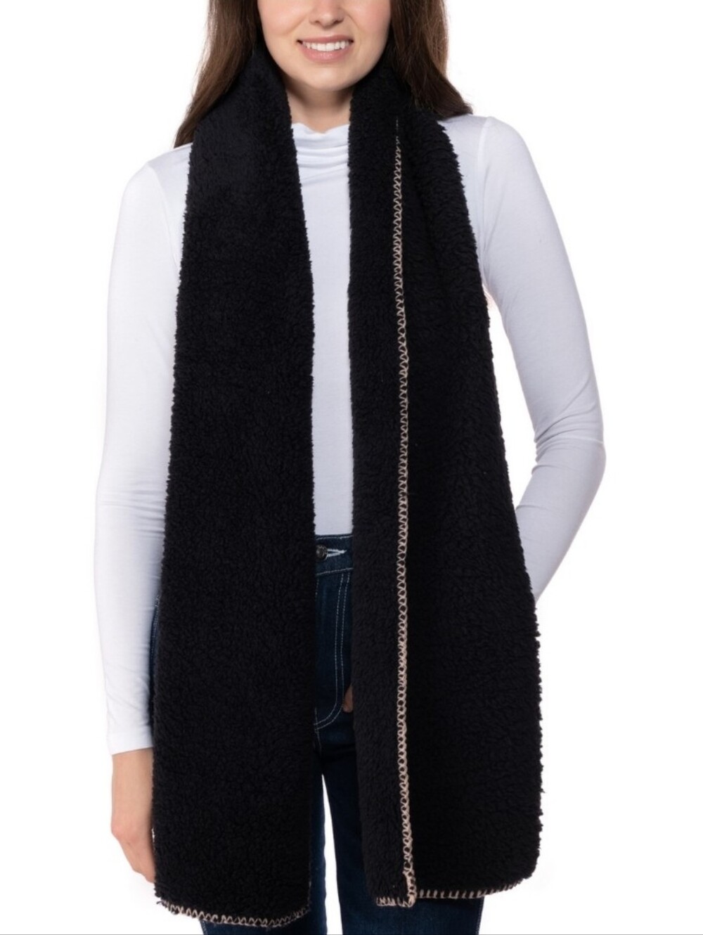 Jenni Cozy Black Sherpa Scarf with Contrast Stitching In Pink. Gifts Fall NWT